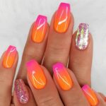 Short square pink and orange nail design