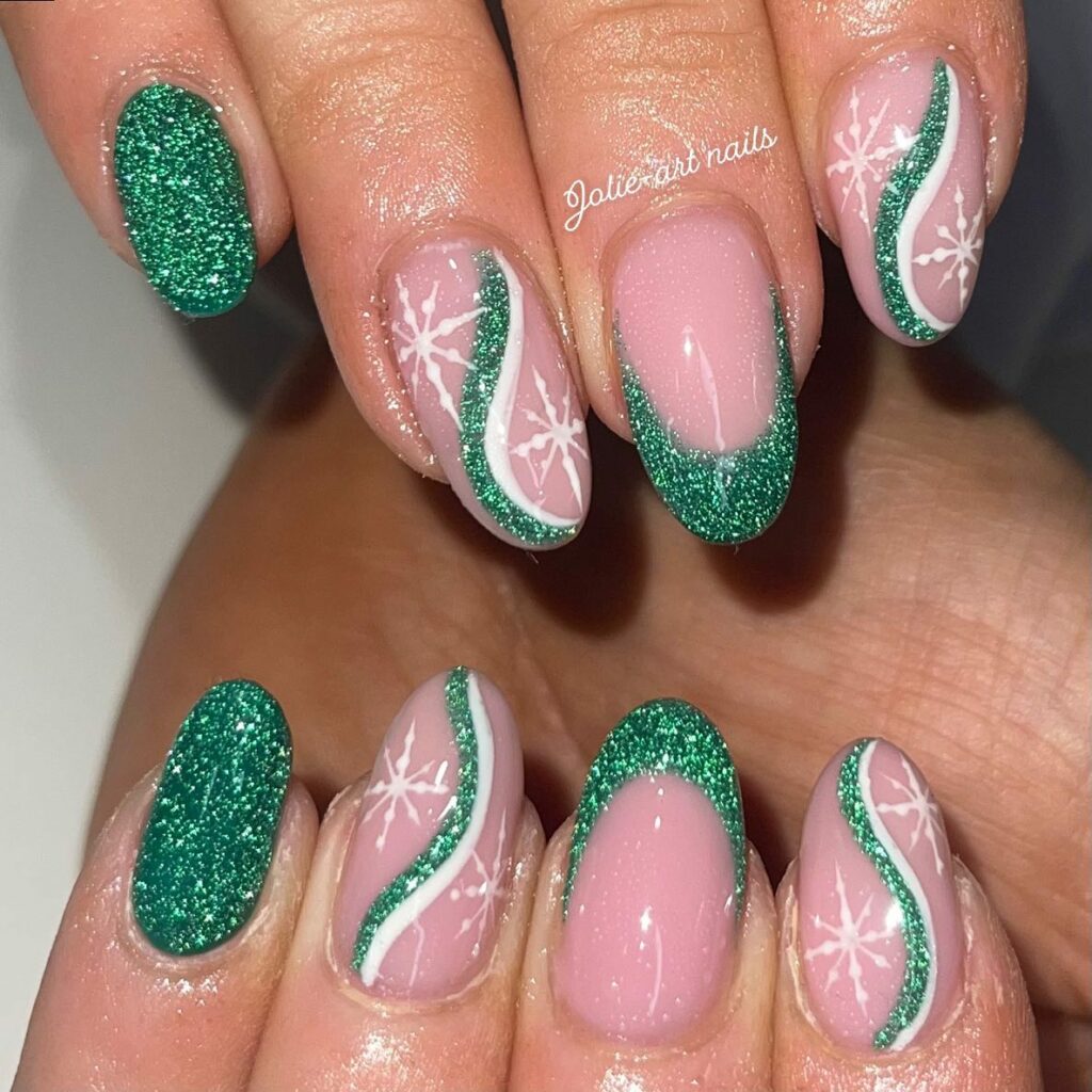 Sparkling French Tip with Green Christmas Nails 