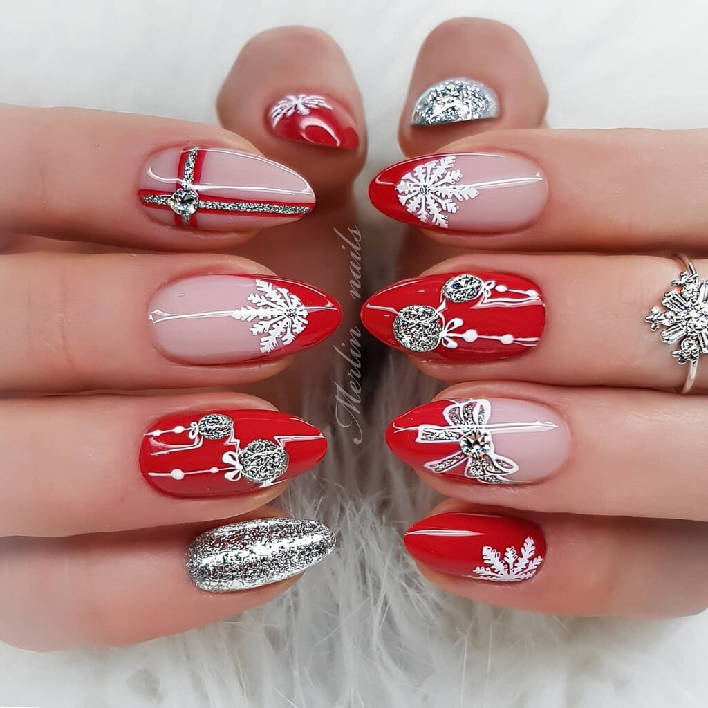 Sophisticated Almond Red Short Christmas Nails