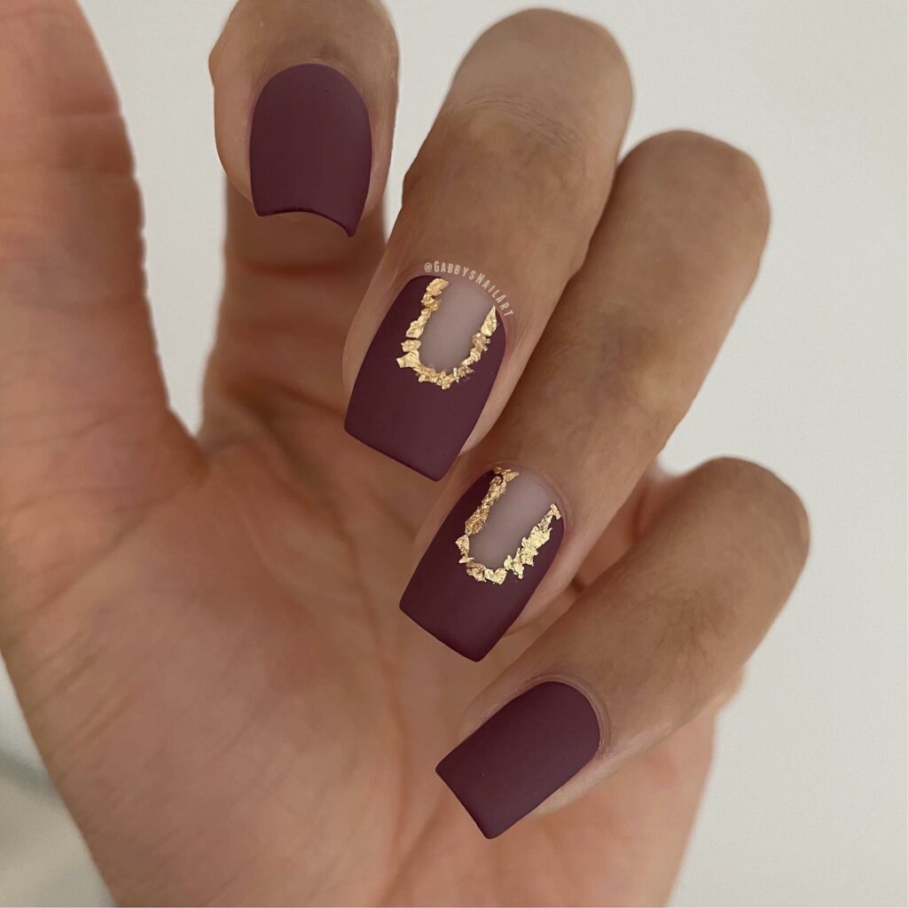 Square Burgundy and Gold Nails