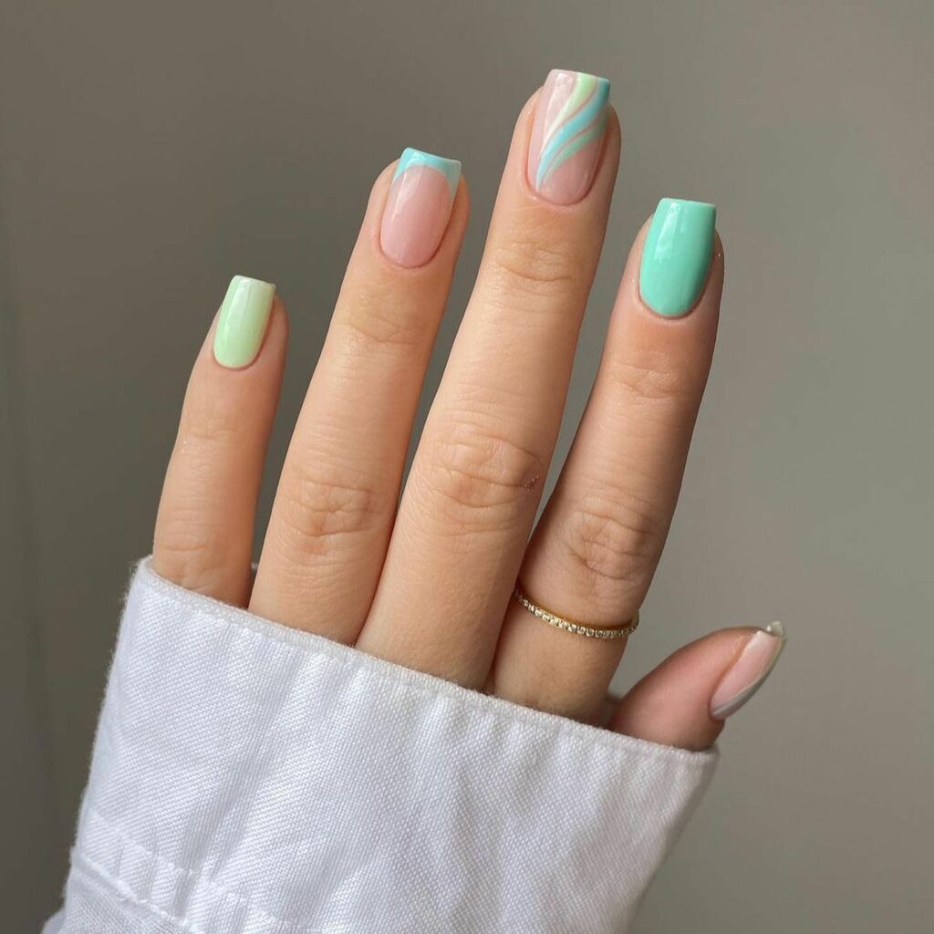 Square Mint Green Nails with Swirls