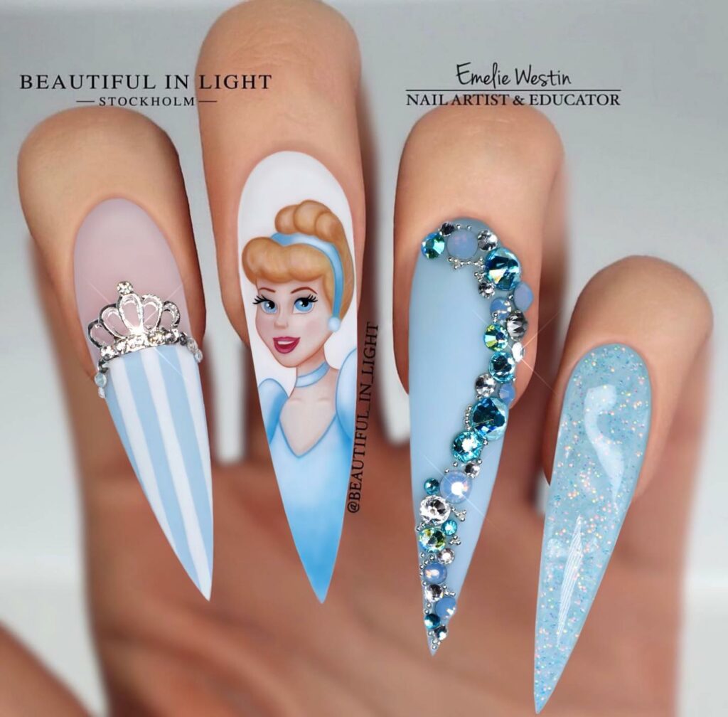 Stiletto Cinderella Inspired Nails Adorned with Gems