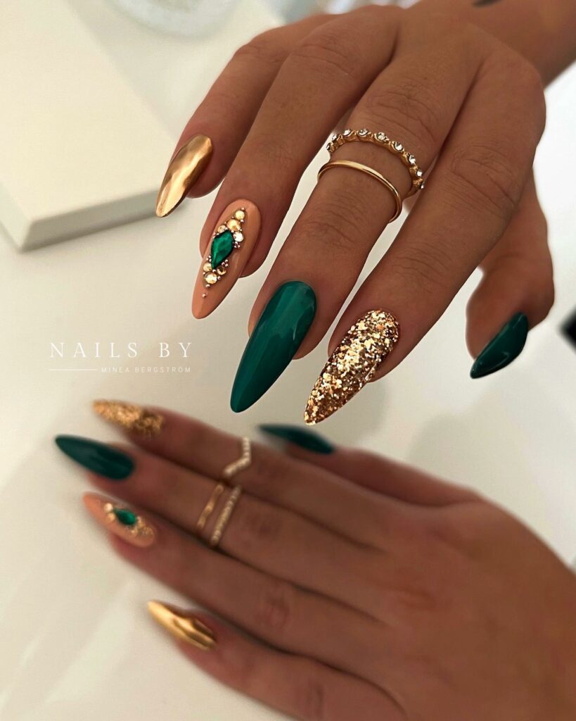 Gem-Encrusted Stiletto Emerald Green and Gold Nails