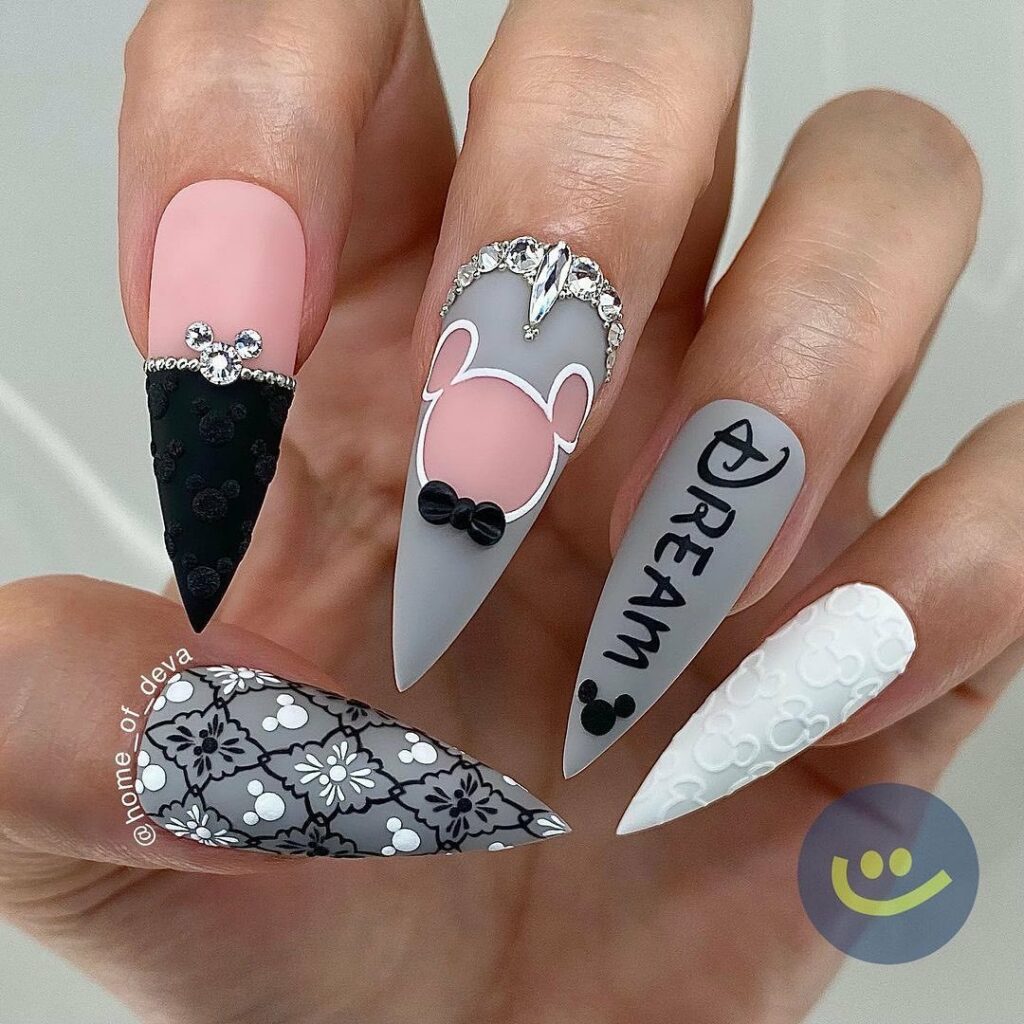 Stiletto Grey Mickey Mouse Nails