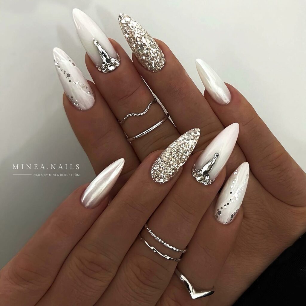 Silver Sparkle and White Stiletto Bridesmaid Nails