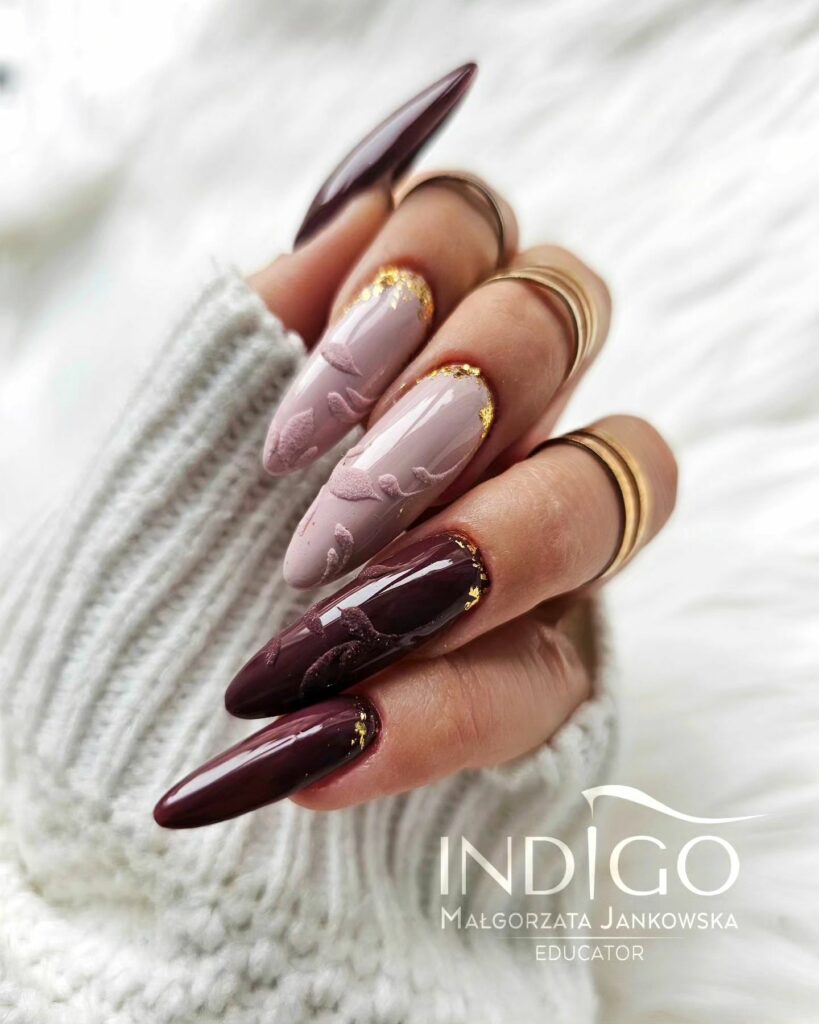 Sweater Patterned Burgundy Nails with Gold Accents