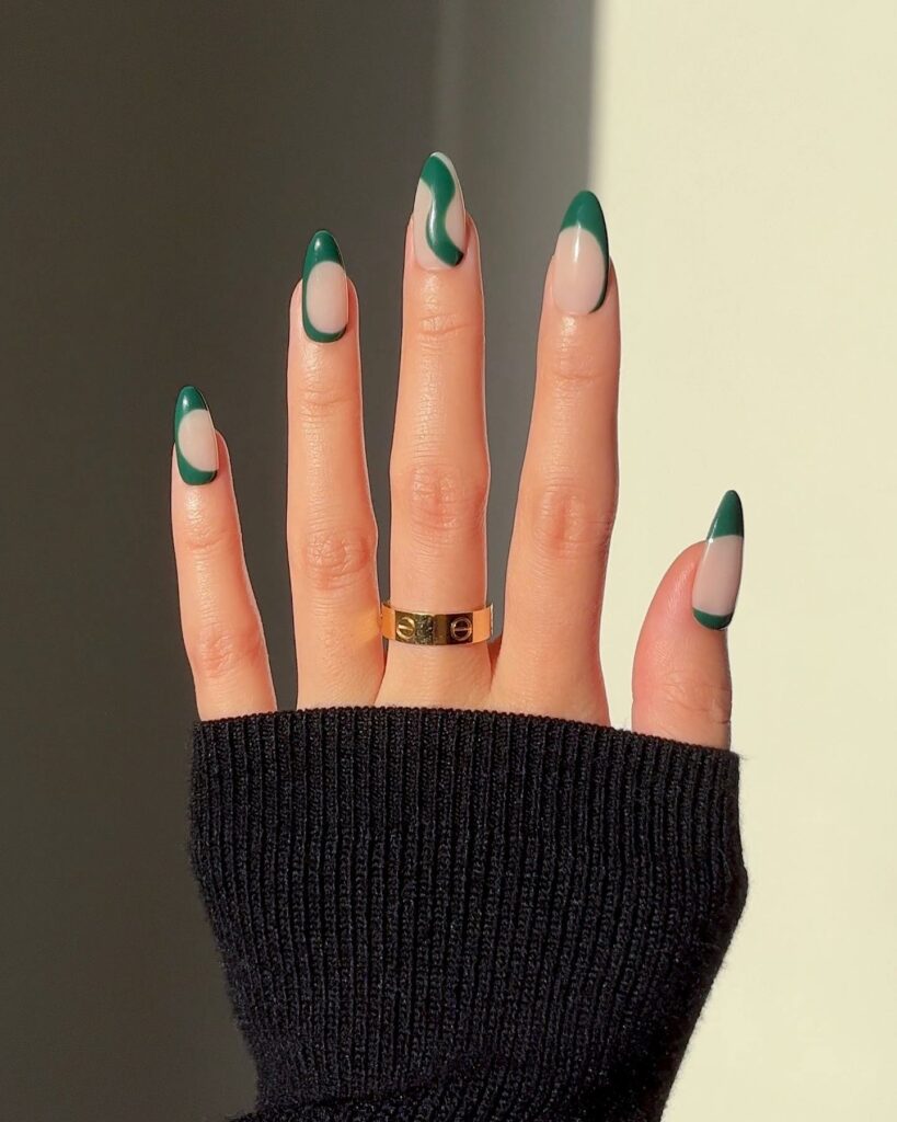 Swirly Patterns on Lush Green Christmas Nails
