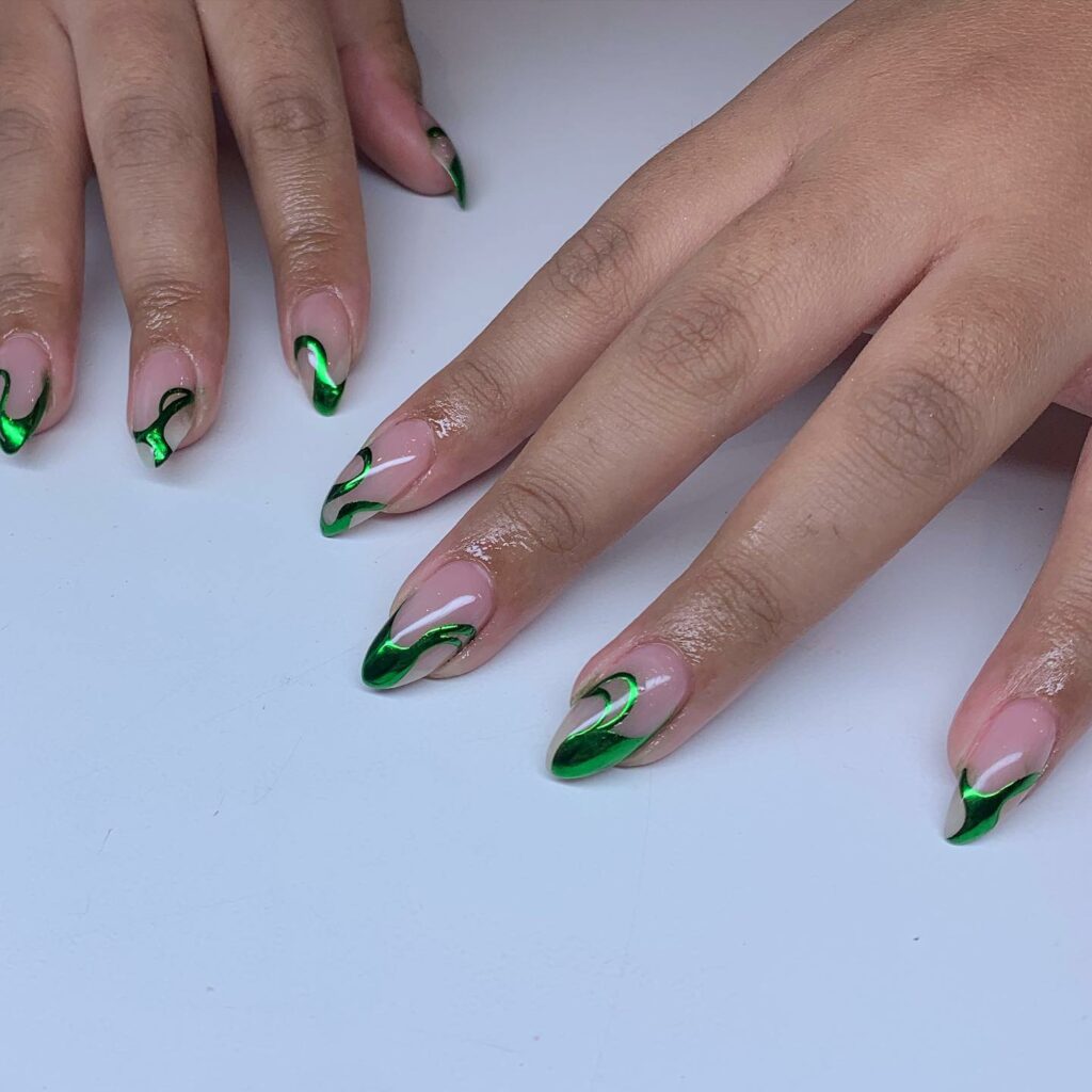 Swirly Green Chrome French Nails