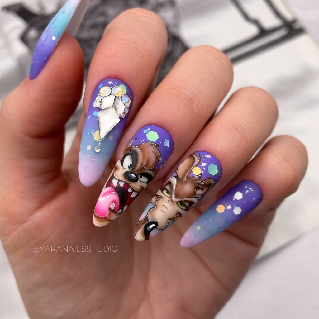 Taz and Coyote Disney Nails with Rhinestones