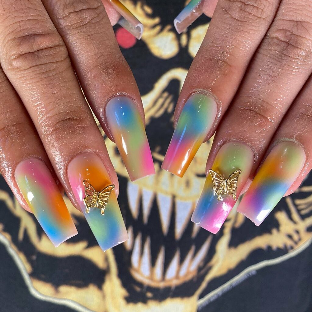 Tie-Dye Nails with 3D Butterfly Accents