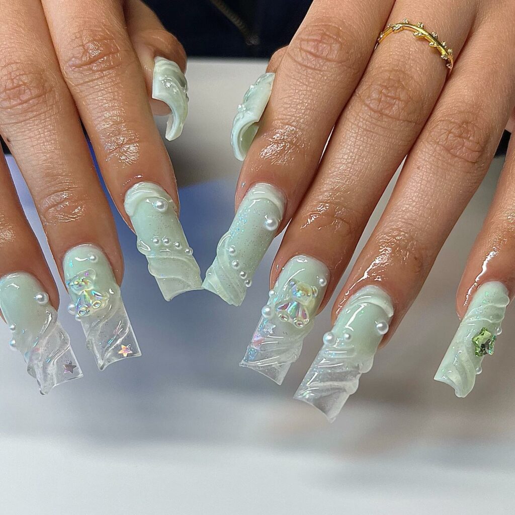 Oceanic Mint Green Nails with Translucent Waves