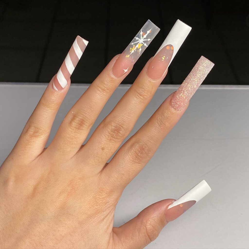 White Acrylic Candy Cane Nails