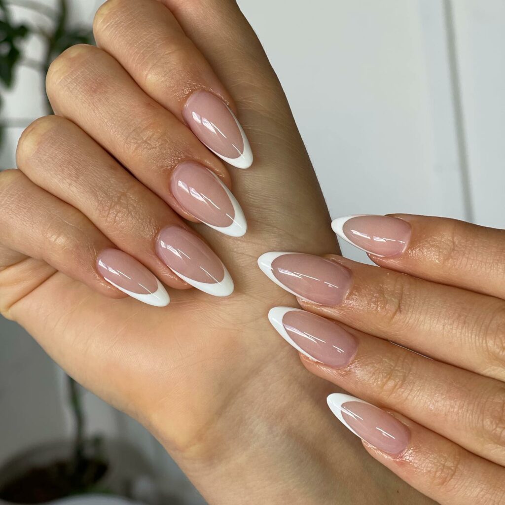 White Almond Nails with a French Twist