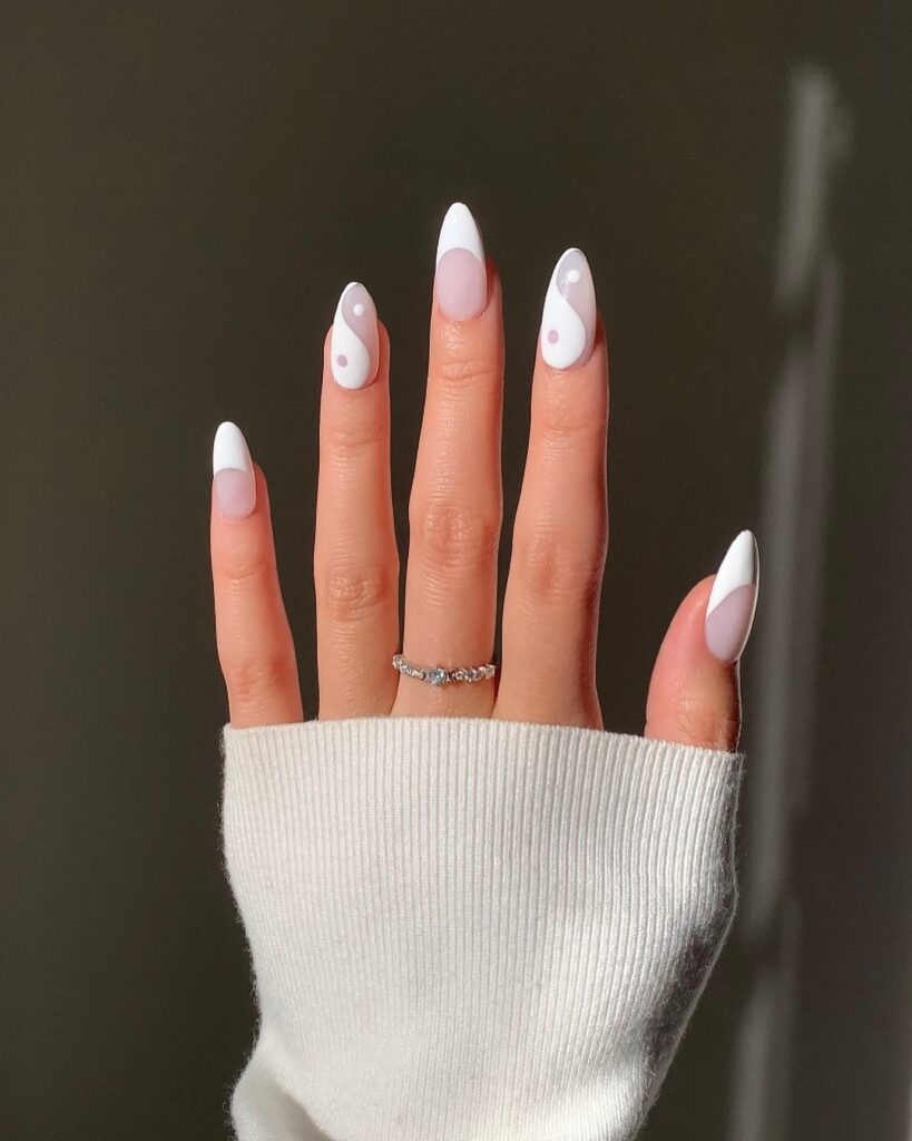 White Ying Yang Almond Nails