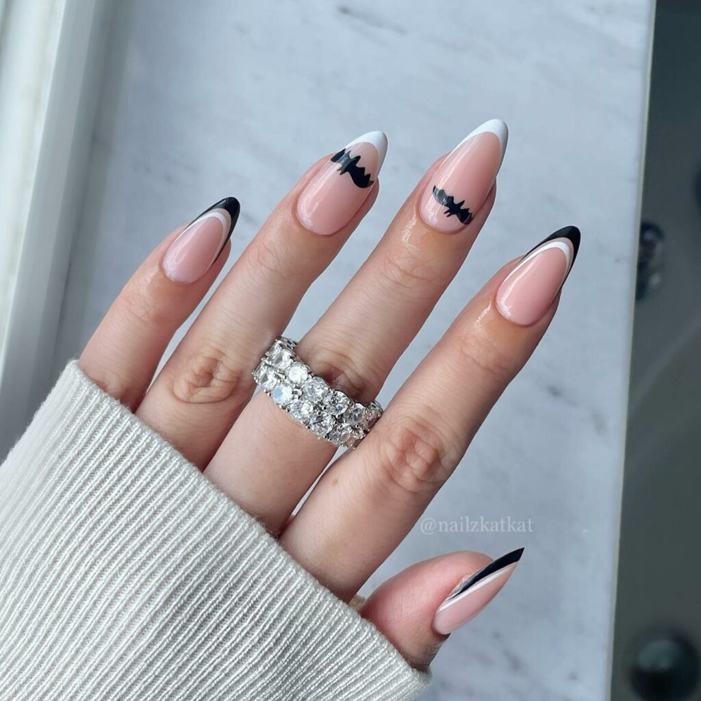 White and Black Almond Nails with Bats