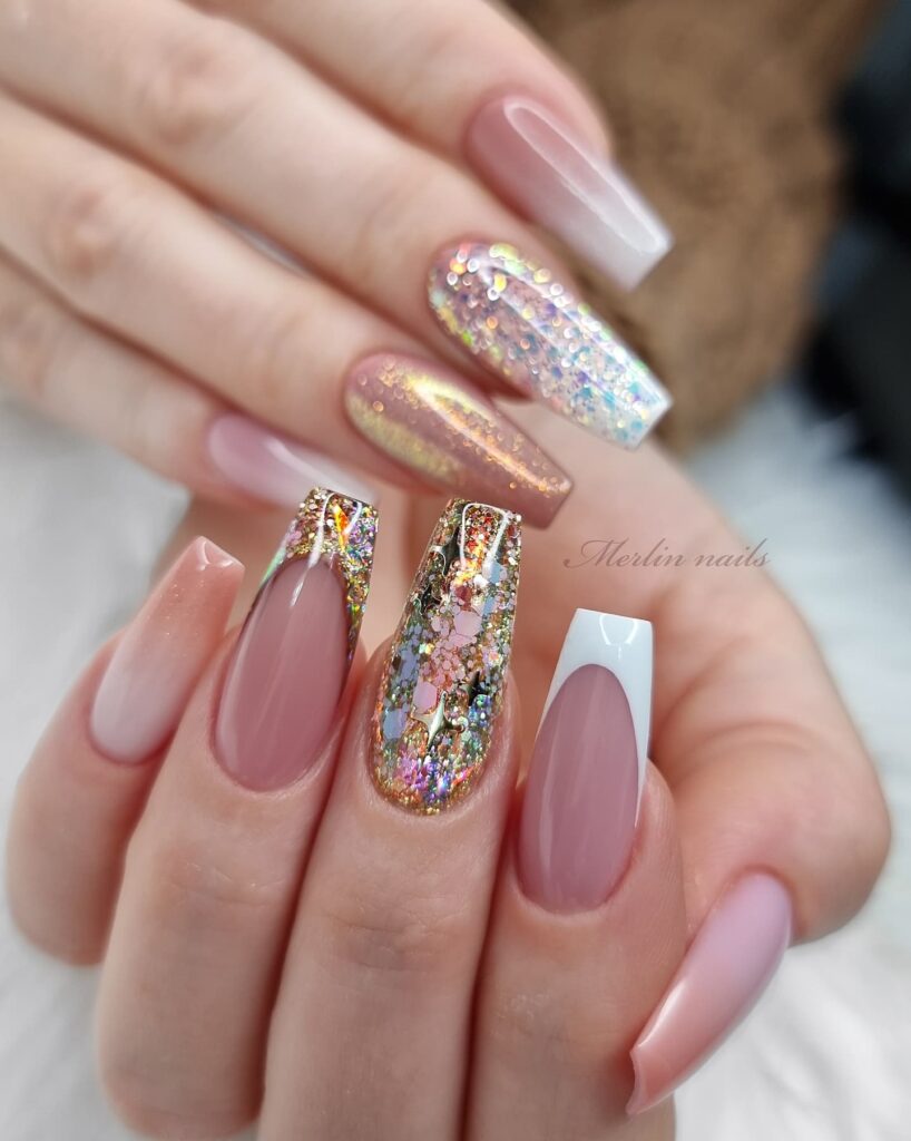 White and Gold French Nails with Glitter Accents