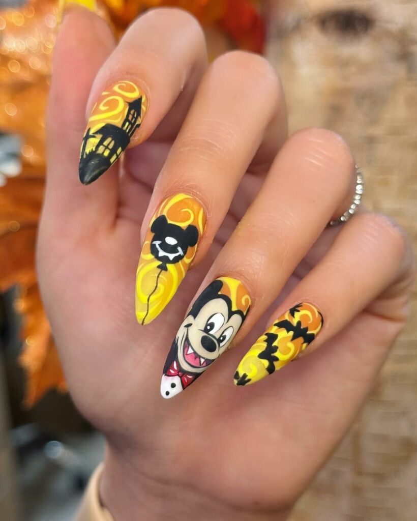 Yellow Almond-Shaped Mickey Mouse Nails