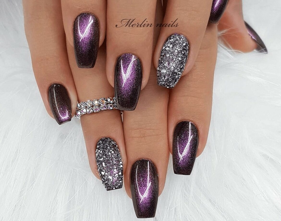 deep purple nails with glitter