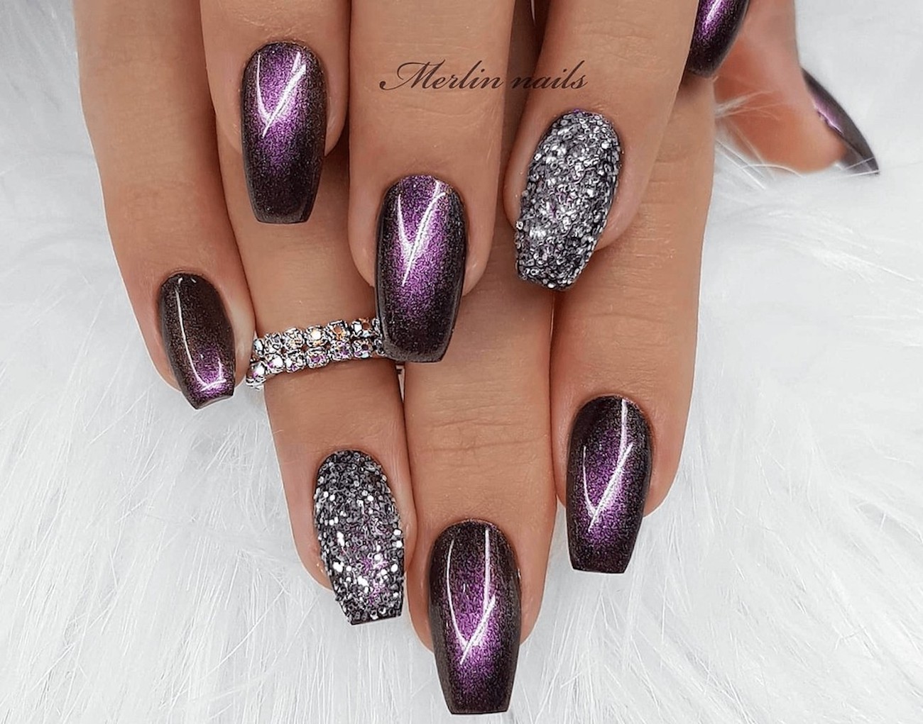 Among all the nail colors purple nails with glitter carry that special vibe  that grants your look that gentle touch …