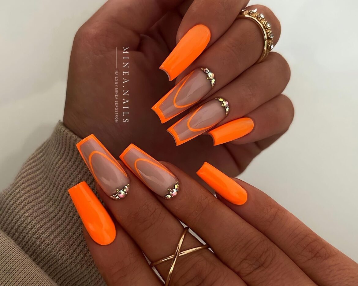 neon orange coffin nail design