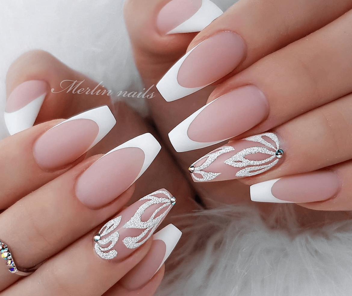 nude coffin nails with french white tips