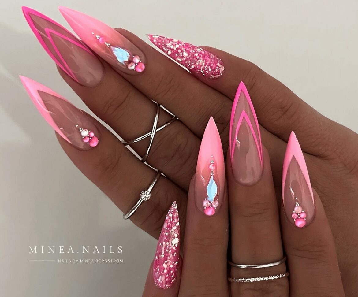 stiletto pink nails with diamonds