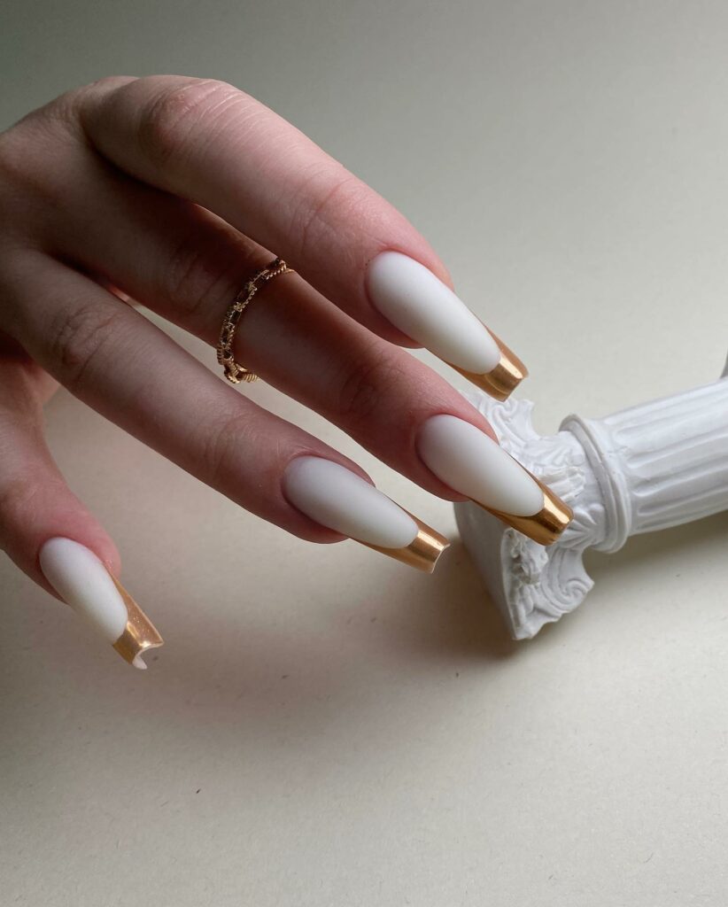 Matte White With Gold French Nails