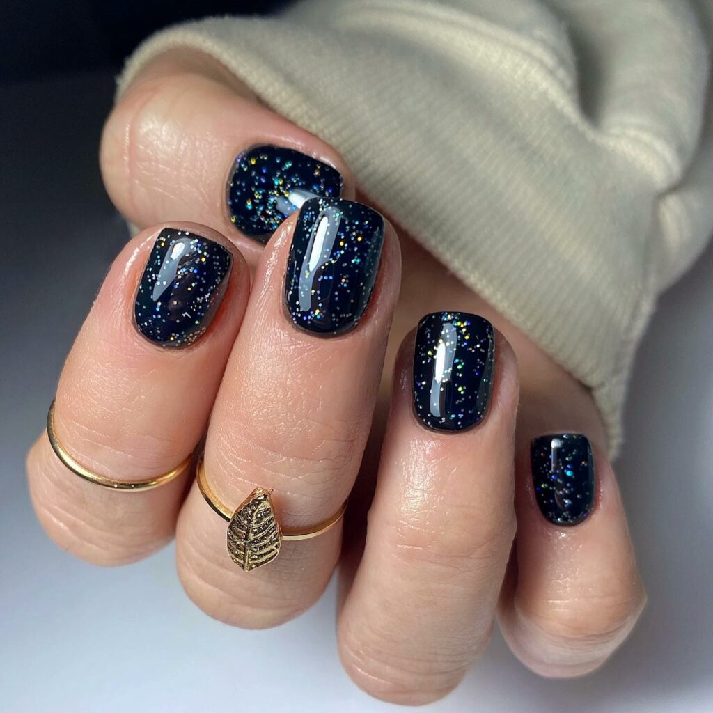 Short Square Black Nails With Colorful Glitter