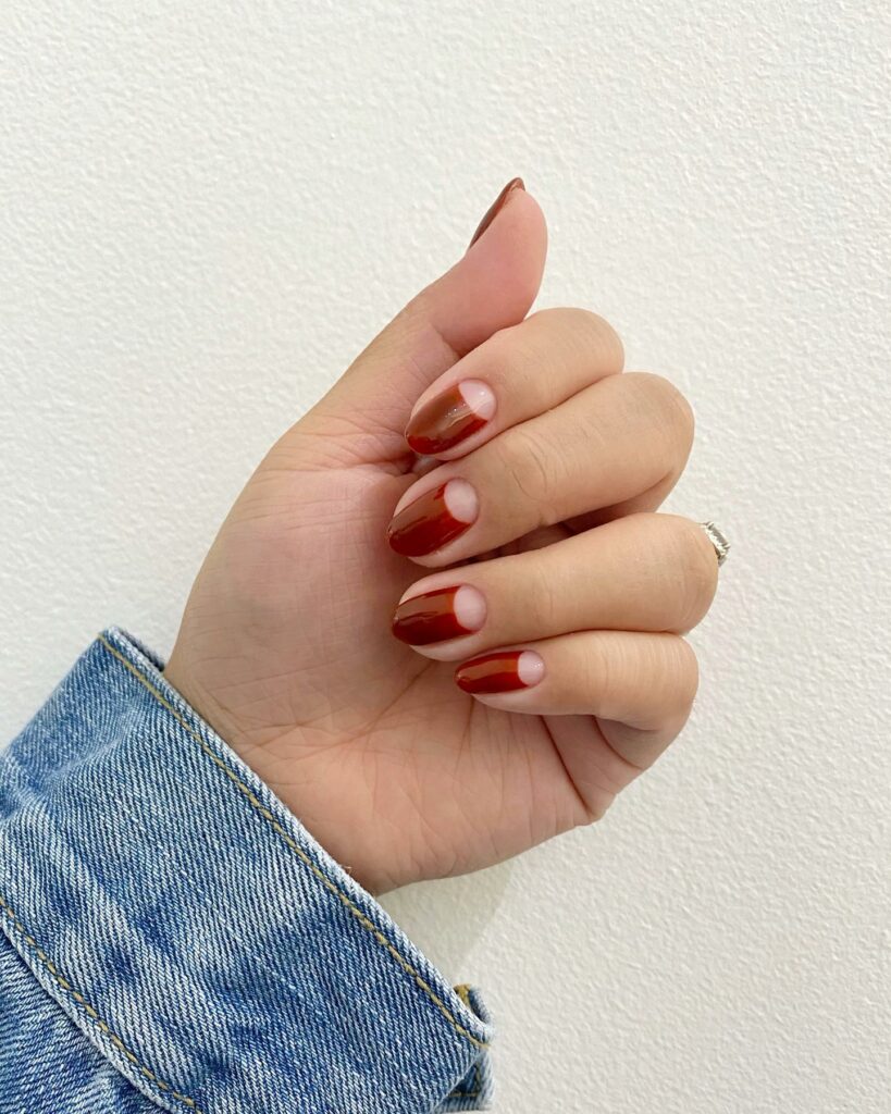 Short Red Nails Half Moon Design