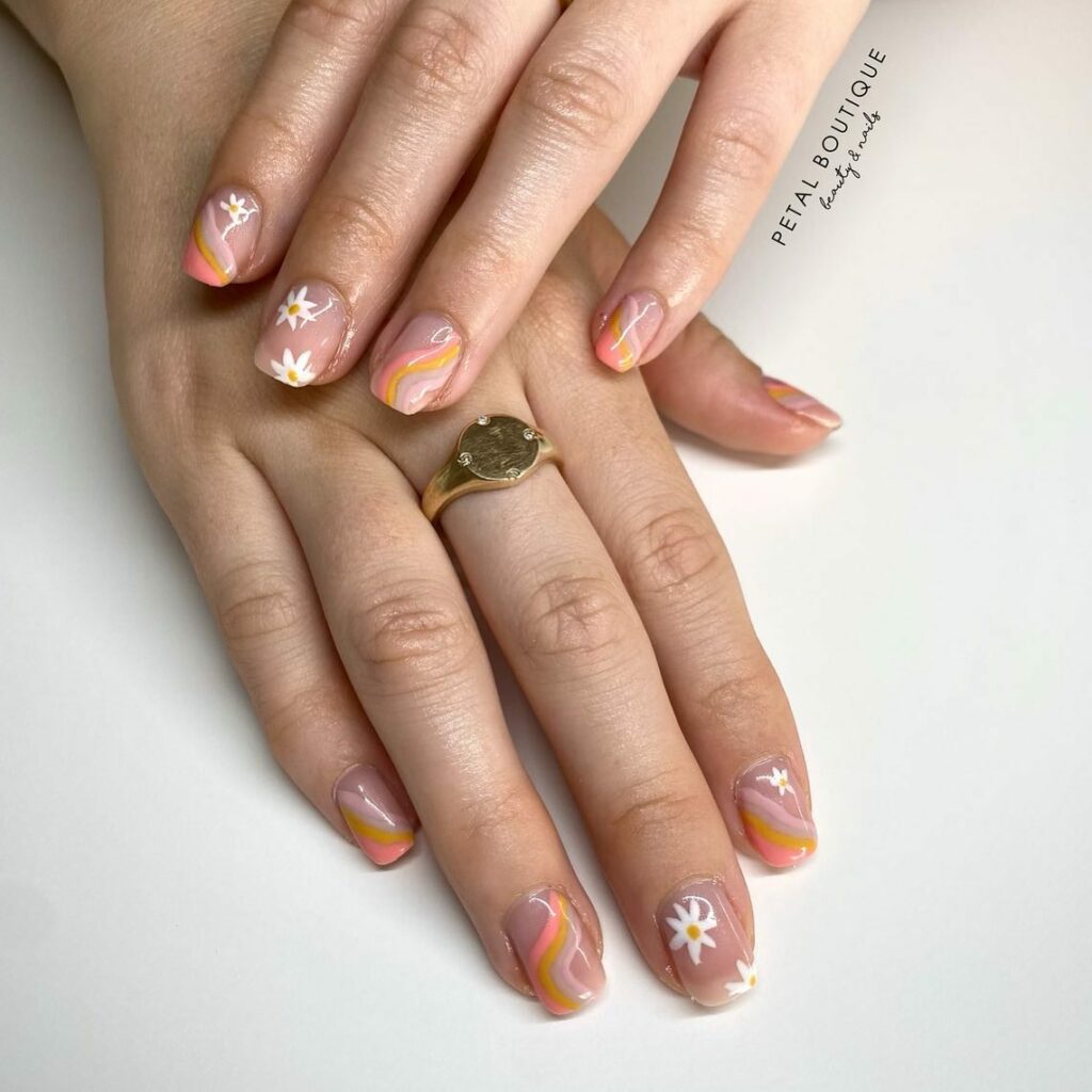 70s Nails With Flower And Swirl