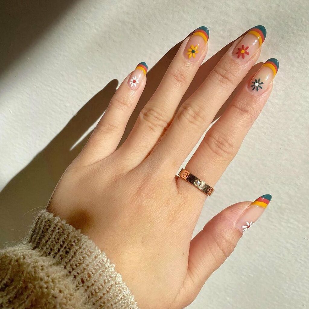 Multi Colored 70s French Nails With Flower