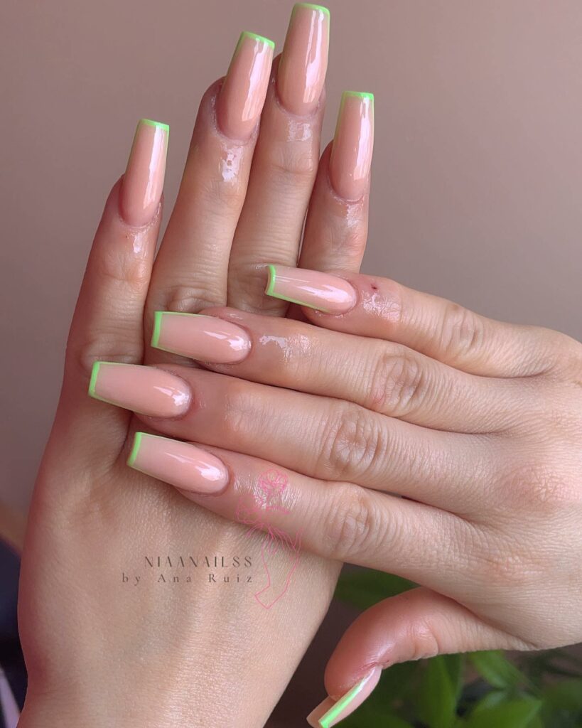 Green French On Pink Coffin Nails