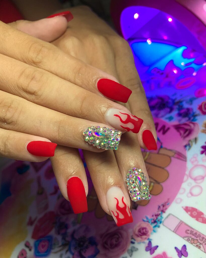 Red Matte Nails With Flame And Glitter Design