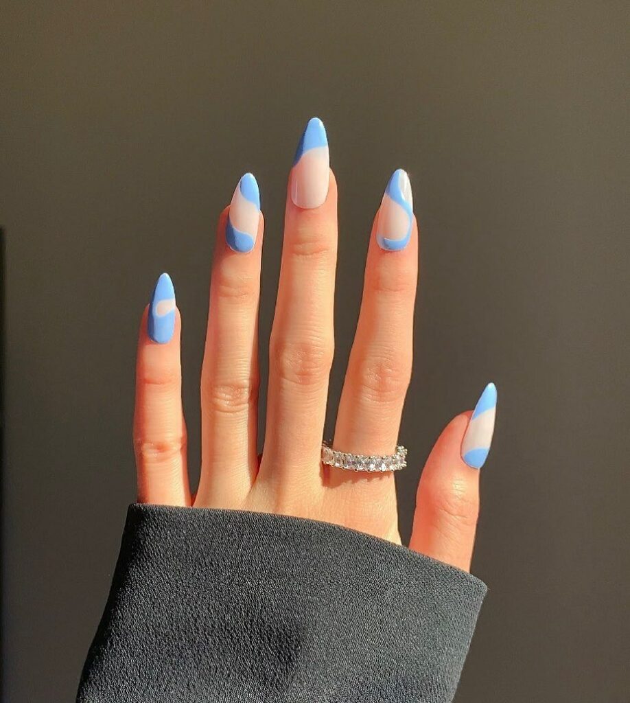 Blue Negative Space Almond Nails