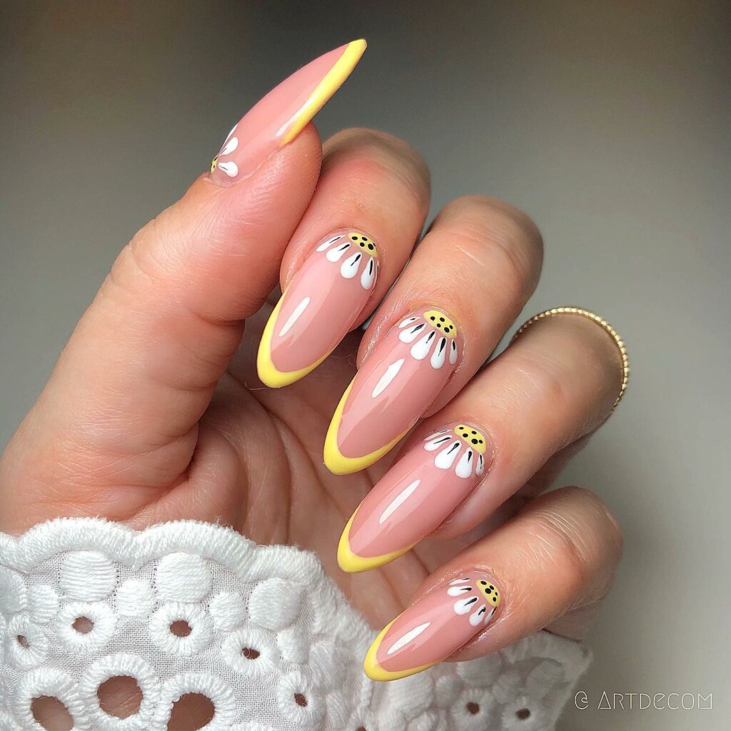 Thin French Almond Nails With Daisies