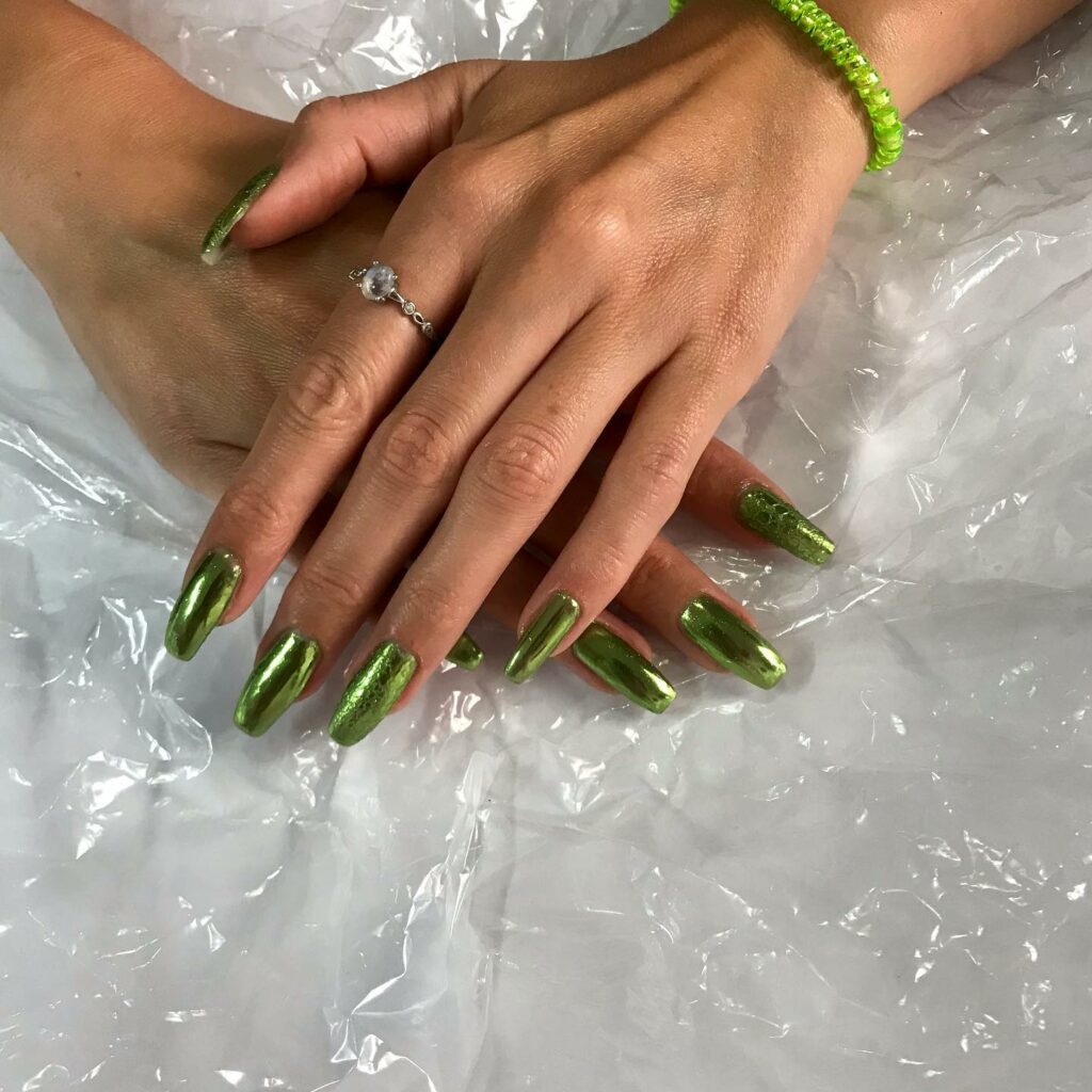 Green Chrome Nails With Snake Design