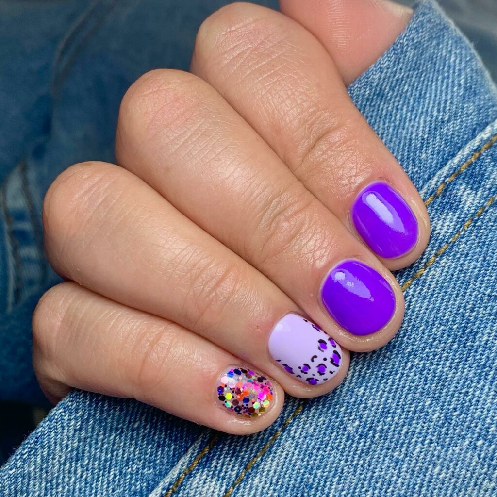 Short Purple Nails With Animal Print And Glitter
