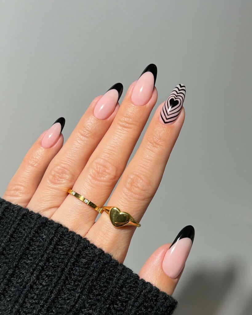 Heart Design On Black French Accent Nails