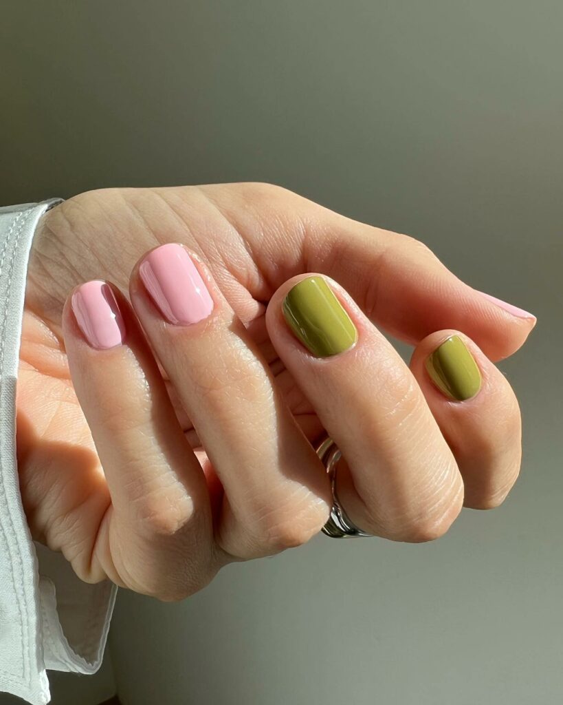 Olive Green And Pink Short Nails
