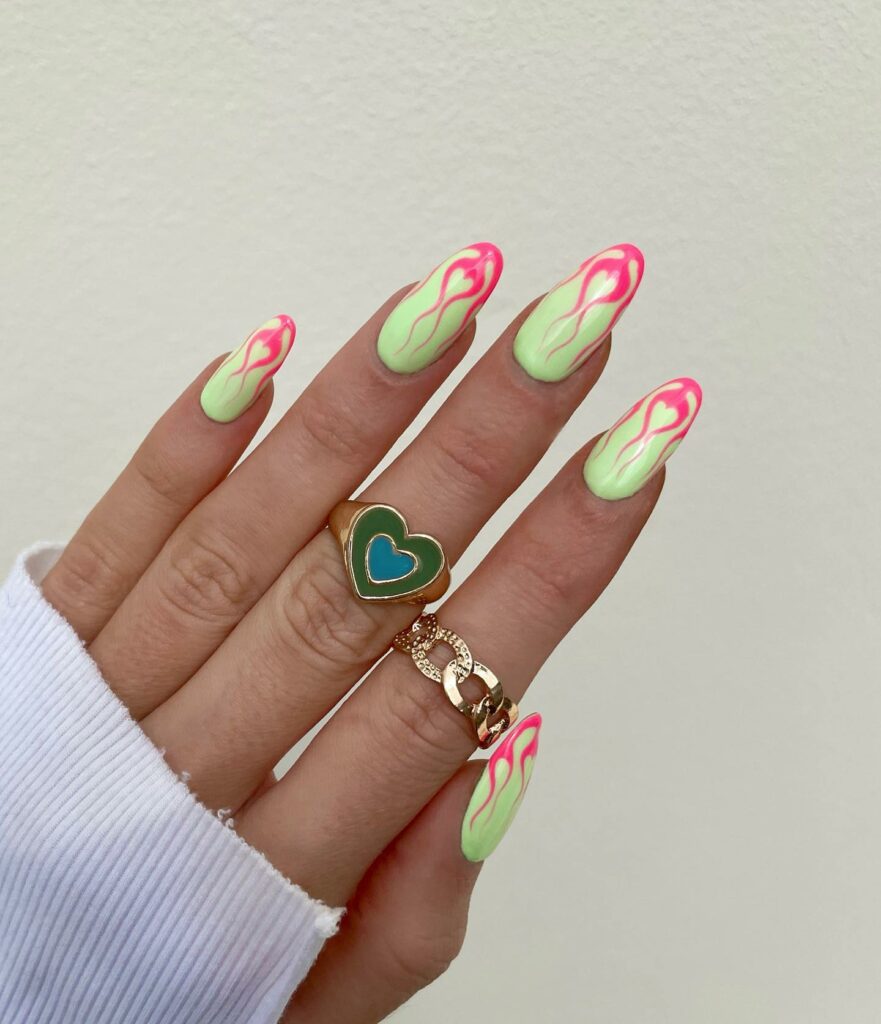 Pink And Green Nails With Flame Tip Design