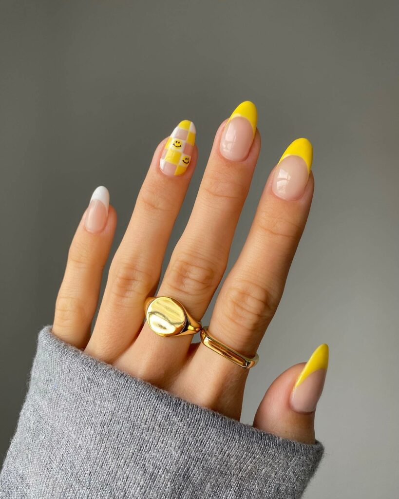 Yellow French Nails with Checkered And Emoji Design
