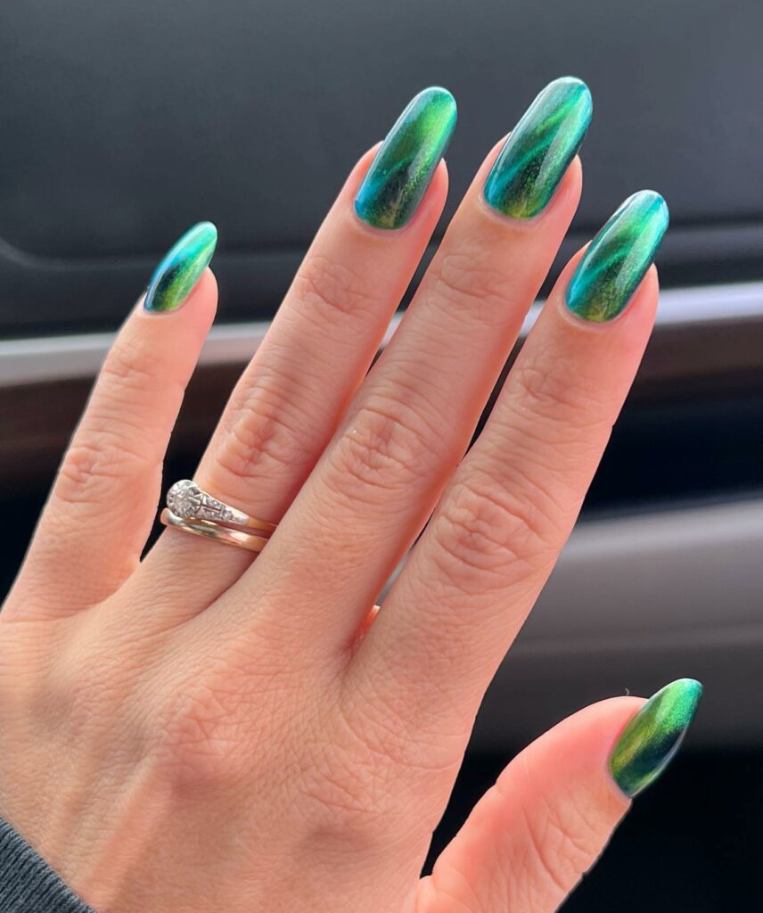 Long Round Green Chrome Nails