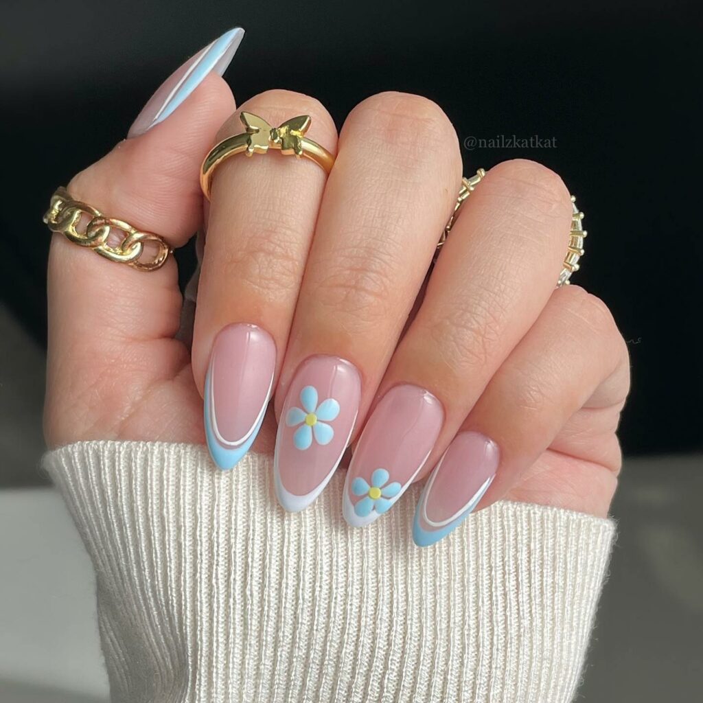 Light Blue And White French Nails With Flower Design