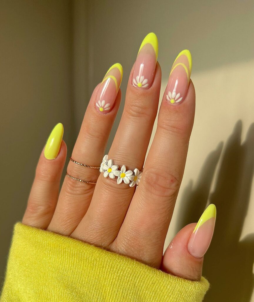 Double Yellow French Nails With Flower