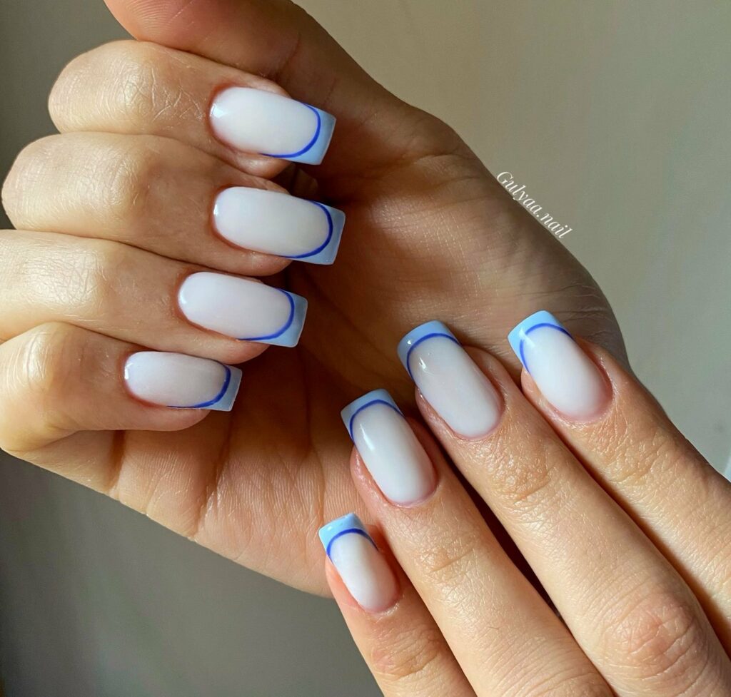 Blue And White Square French Nails