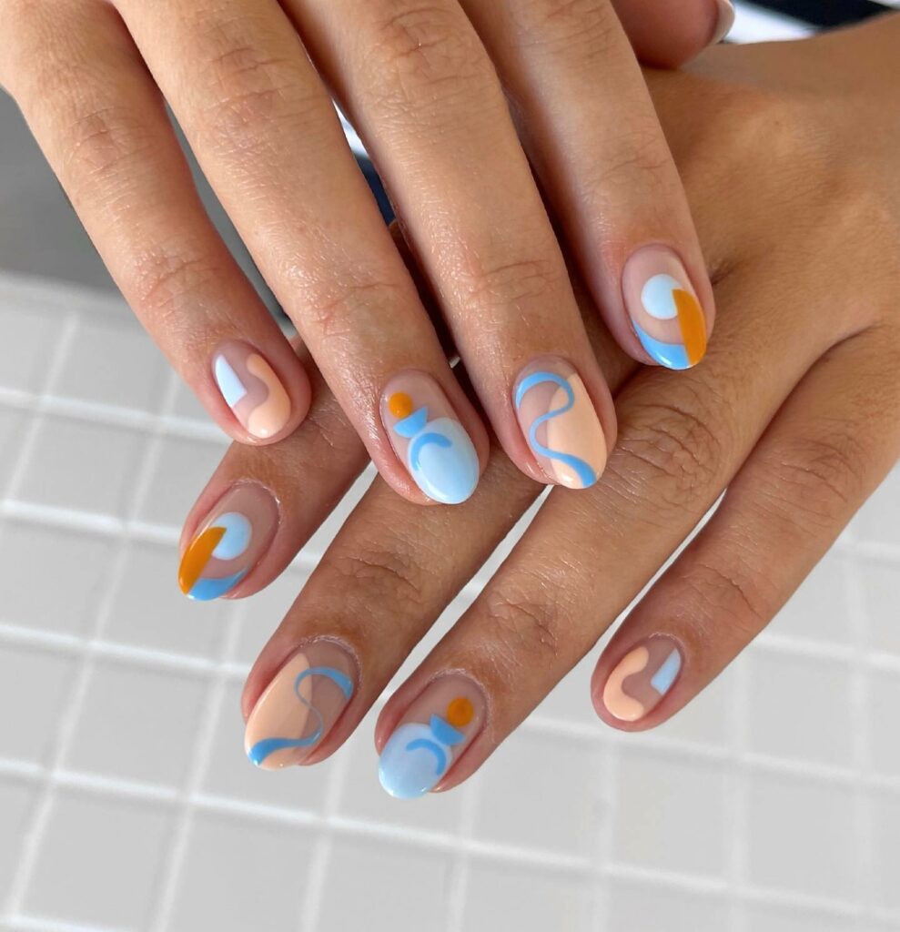 Orange And Blue Short Abstract Nails 