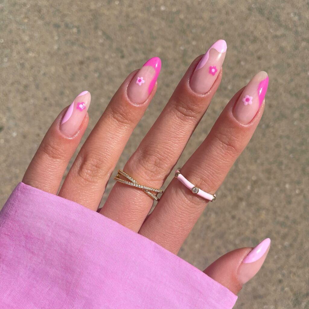 Pink Negative Space Nails With Flower