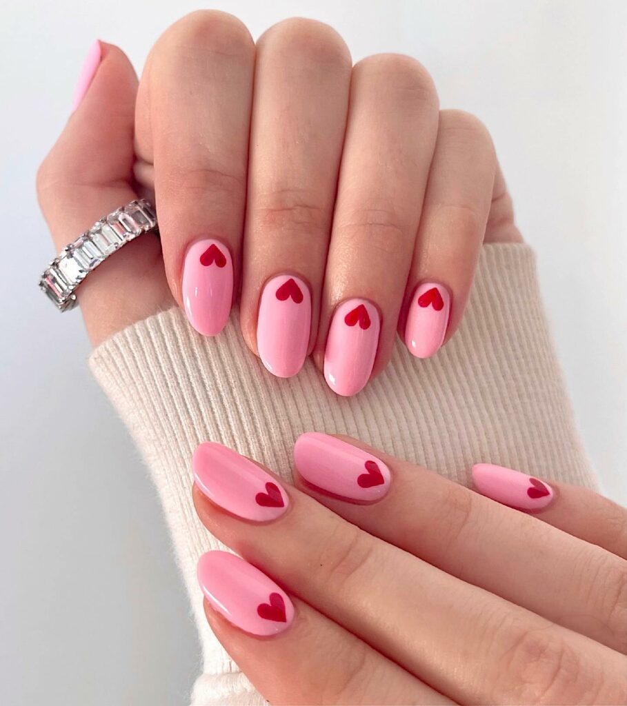 Red Hearts On Pink Nails