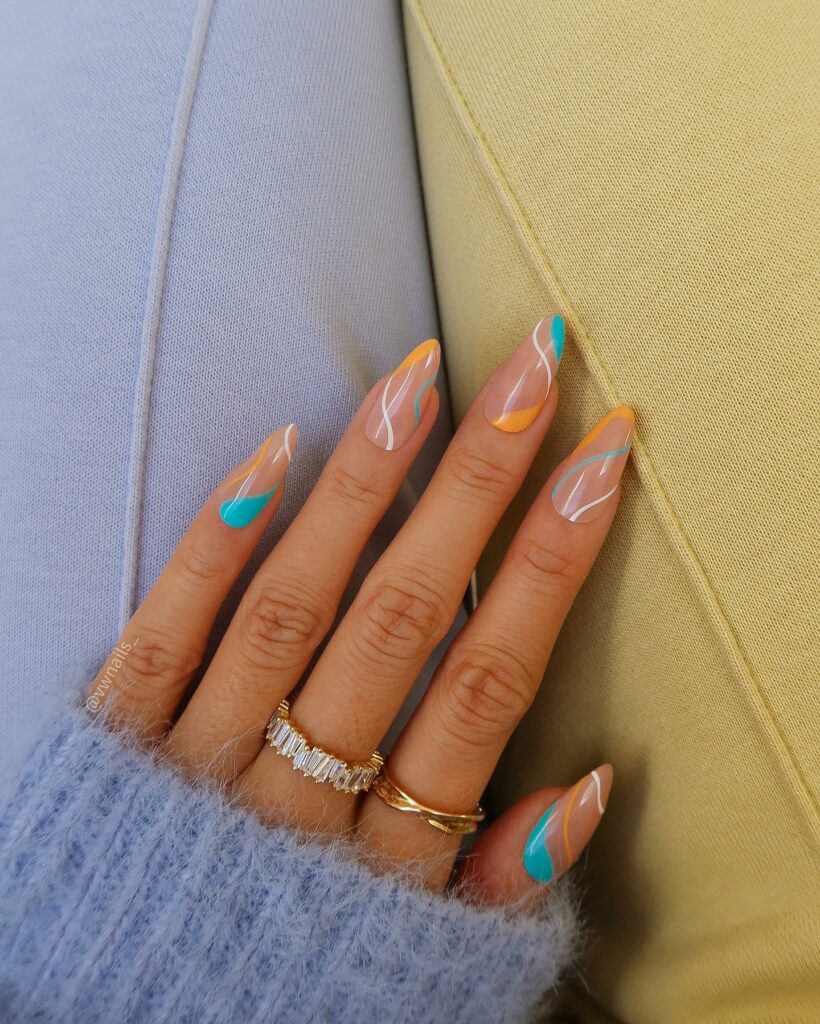 Orange And Blue Abstract Almond Nails