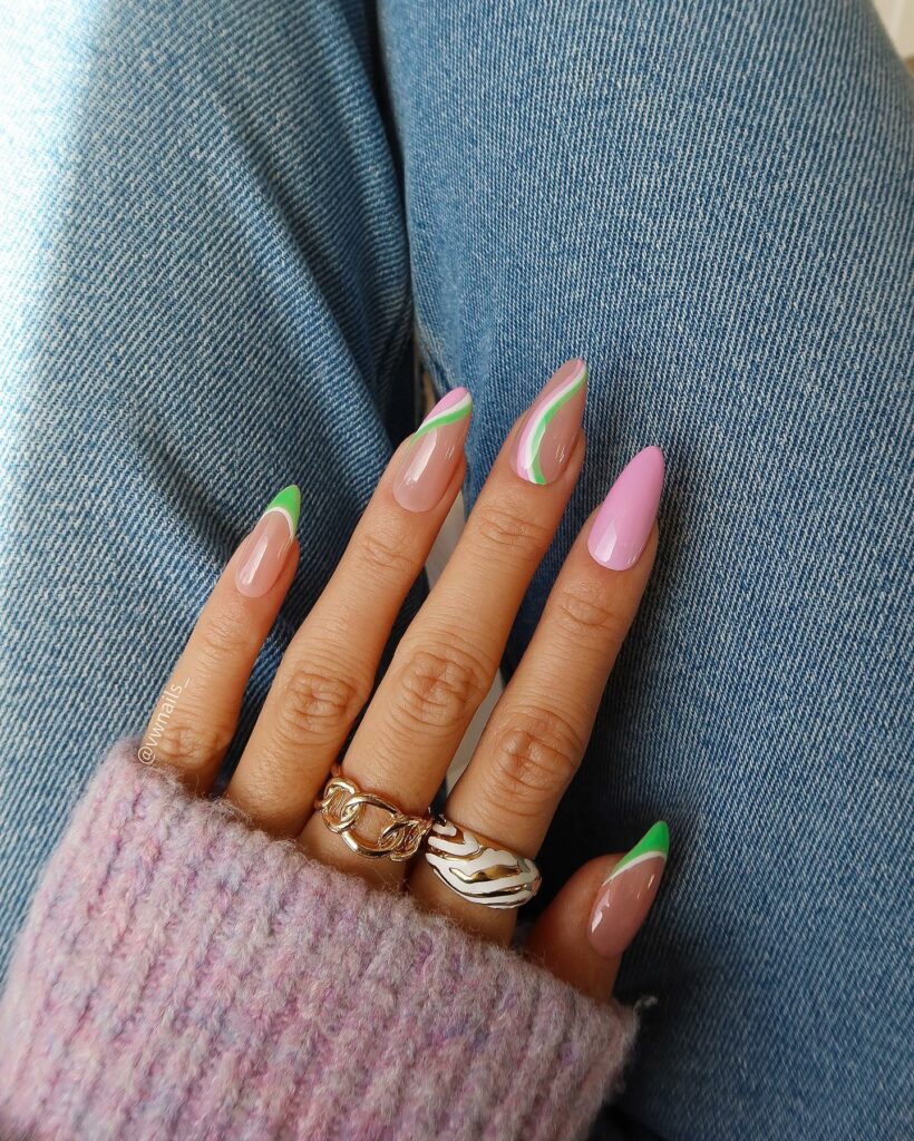 Pink And Green Abstract Nails With Swirl 